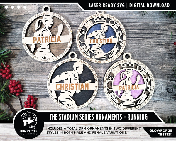 Running - Stadium Series Ornaments - 4 Unique designs - SVG, PDF, AI File Download - Sized for Glowforge