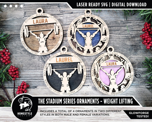 Weight Lifting - Stadium Series Ornaments - 4 Unique designs - SVG, PDF, AI File Download - Sized for Glowforge