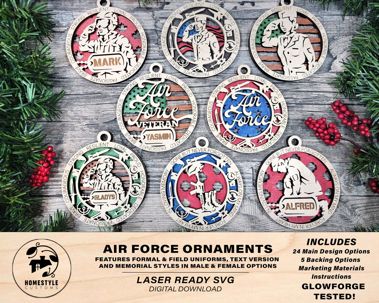 Air Force Ornament Bundle - 24 Unique designs - SVG, PDF, AI File Download - Sized for Glowforge