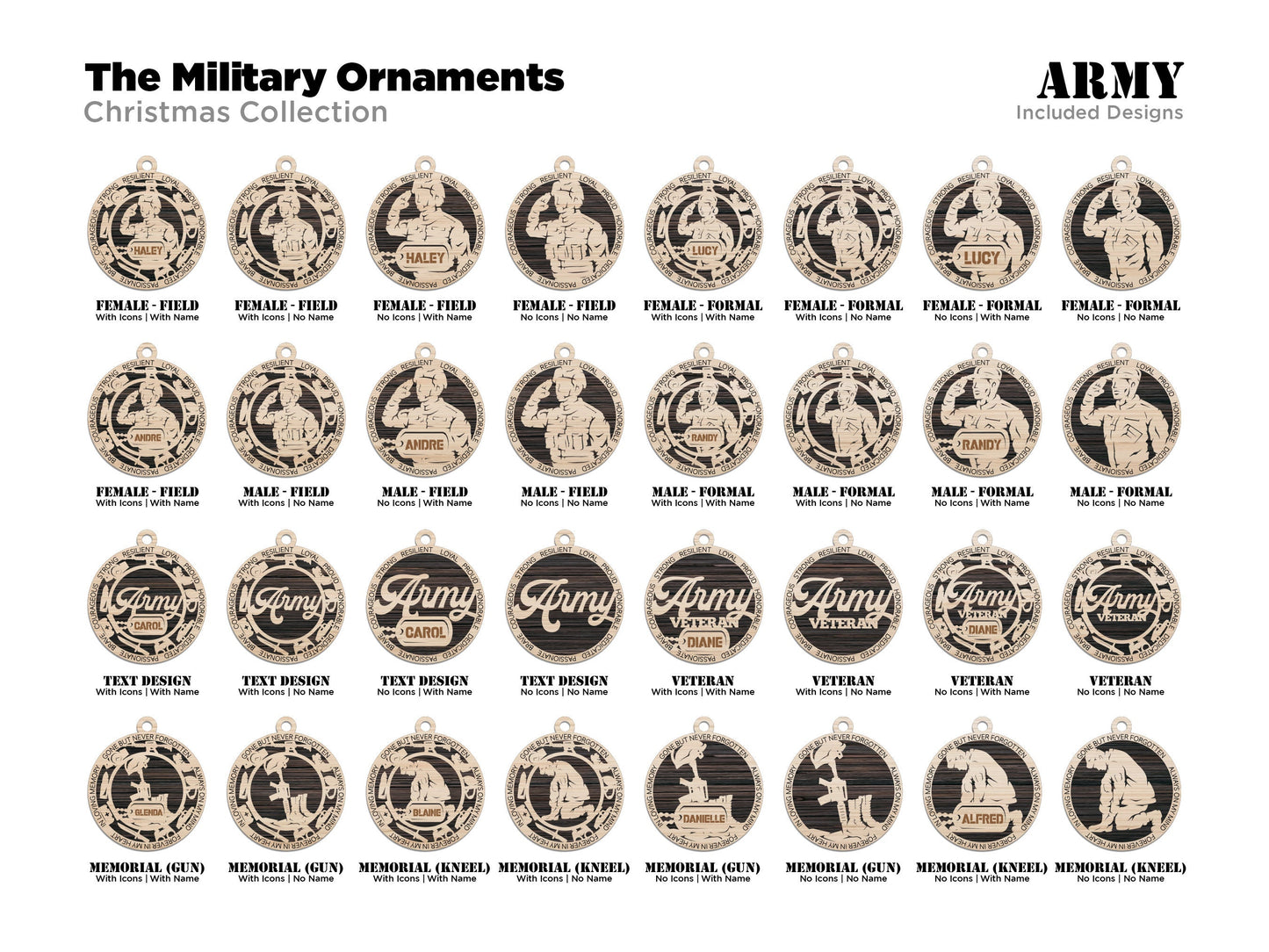Army Ornament Bundle - 24 Unique designs - SVG, PDF, AI File Download - Sized for Glowforge