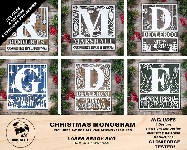 Christmas Monogram - 4 Designs, 4 Versions - 728 fIles - SVG, PDF, AI File Download - Sized for Glowforge