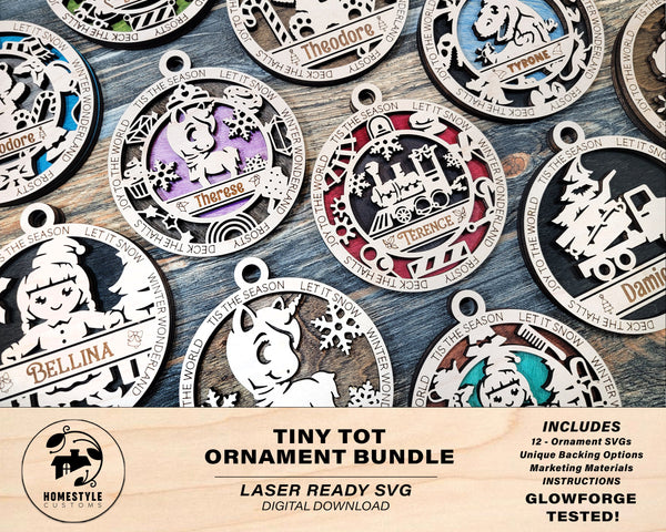 Tiny Tot Ornaments - 12 Unique designs - SVG, PDF, AI File Download - Sized for Glowforge