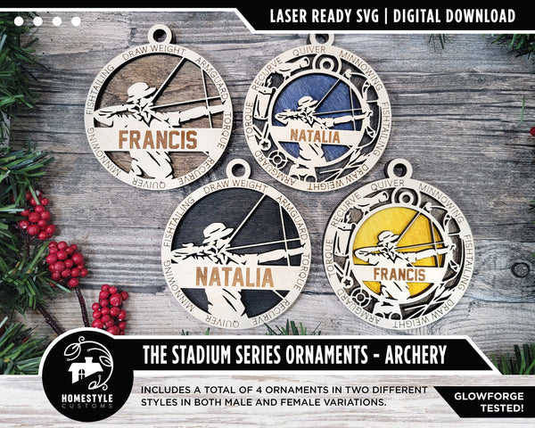 Archery - Stadium Series Ornaments - 4 Unique designs - SVG, PDF, AI File Download - Sized for Glowforge