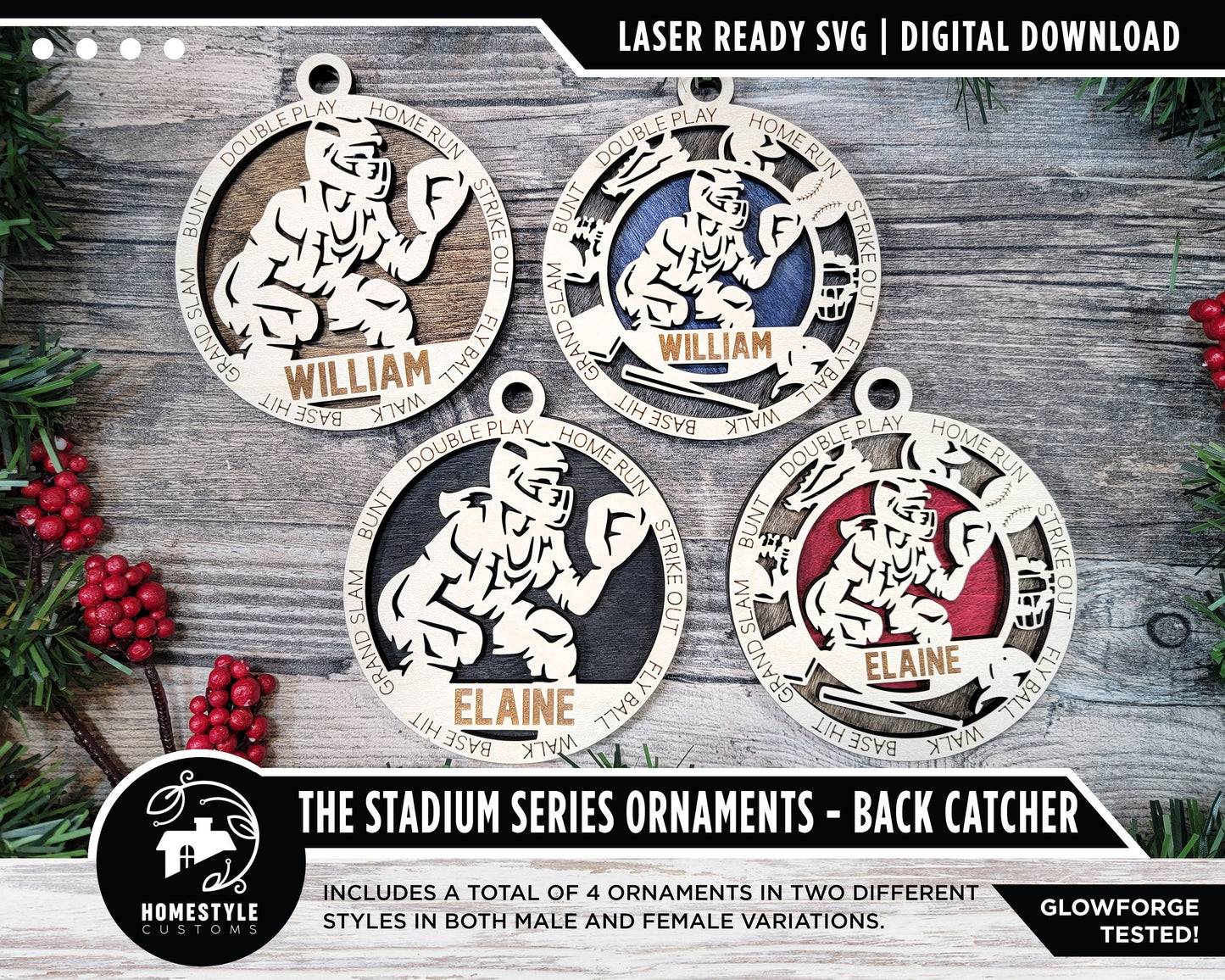 Back Catcher - Stadium Series Ornaments - 4 Unique designs - SVG, PDF, AI File Download - Sized for Glowforge