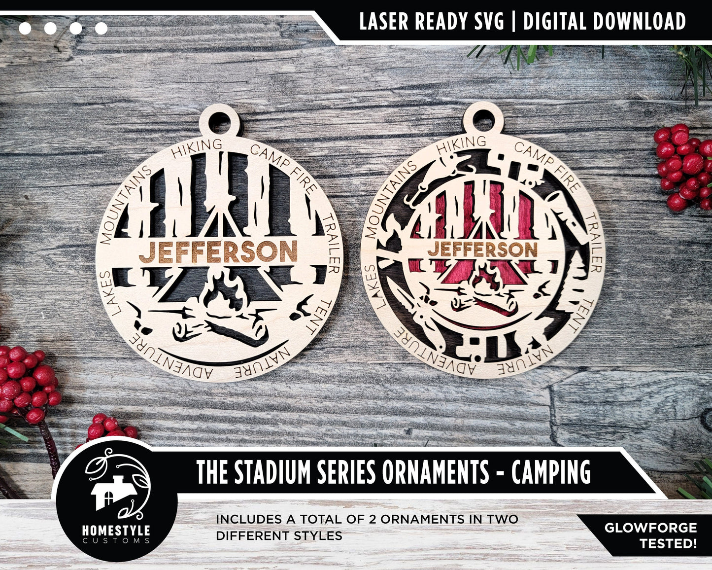 Camping - Stadium Series Ornaments - 2 Unique designs - SVG, PDF, AI File Download - Sized for Glowforge