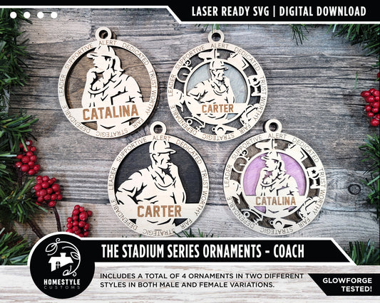 Coach - Stadium Series Ornaments - 4 Unique designs - SVG, PDF, AI File Download - Sized for Glowforge