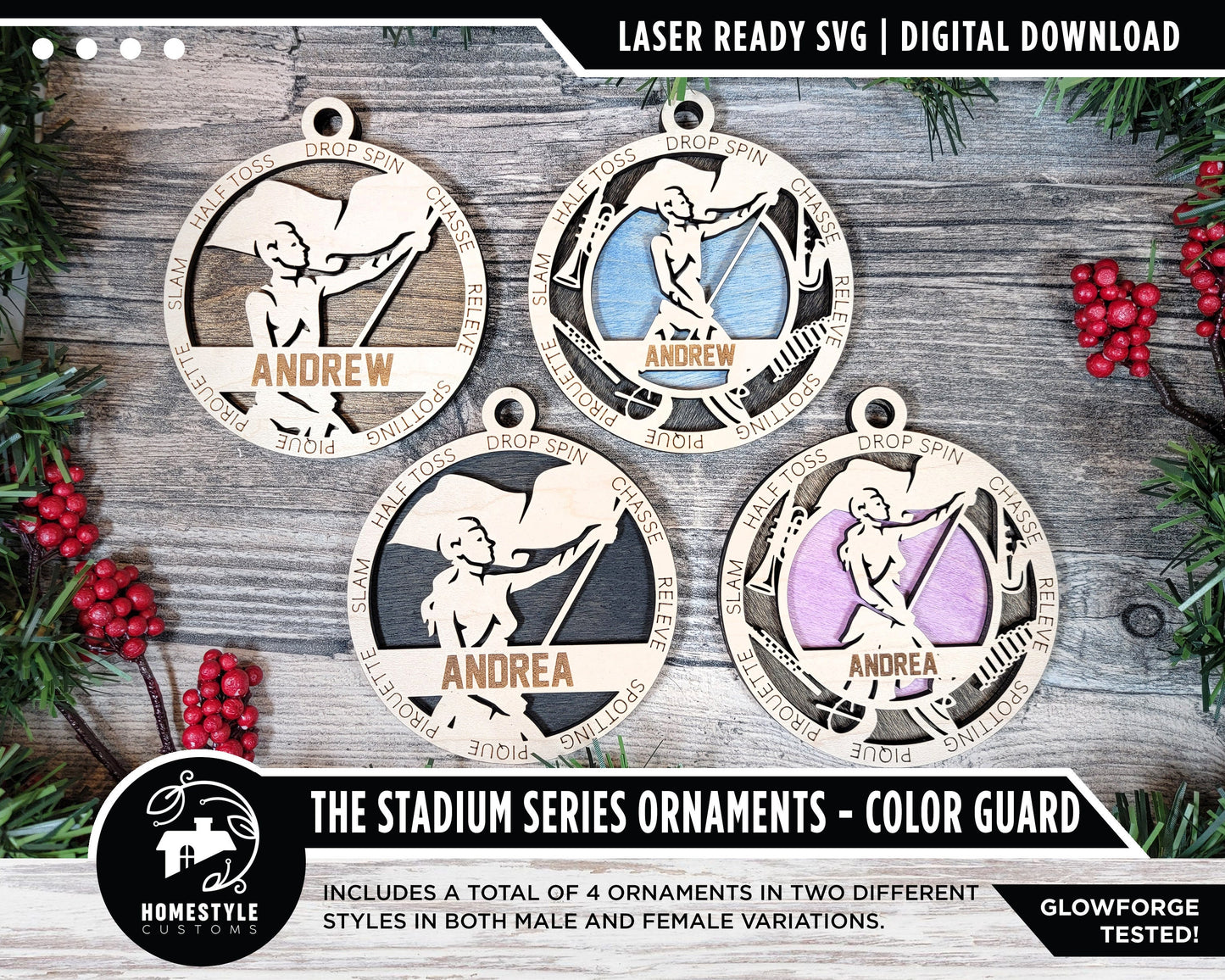 Color Guard - Stadium Series Ornaments - 4 Unique designs - SVG, PDF, AI File Download - Sized for Glowforge