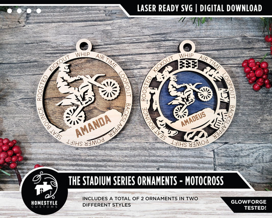Motocross - Stadium Series Ornaments - 2 Unique designs - SVG, PDF, AI File Download - Sized for Glowforge