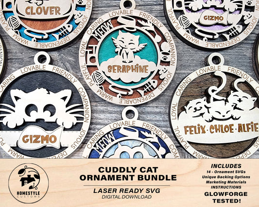 Cuddly Cat Ornaments - 14 Unique designs - SVG, PDF, AI File Download - Sized for Glowforge