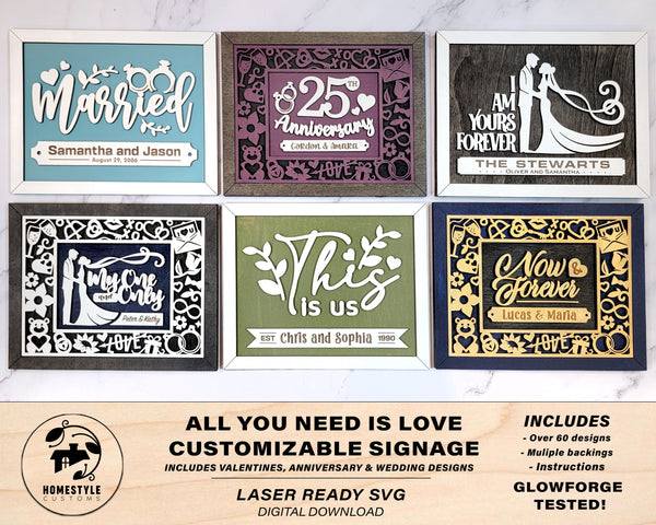 All You Need Is Love Signage - Valentines, Wedding, Anniversary - SVG File Download - Sized for Glowforge