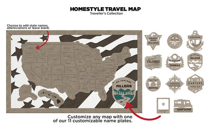 The Homestyle Travel Map -  7 Backgrounds & 11 Customizable Name Plates - SVG File Download - Sized for Glowforge