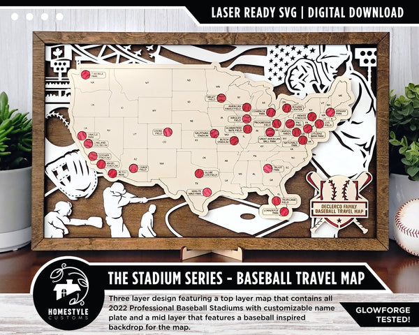 The Stadium Series Baseball Map - Stadium Tracker - SVG File Download - Sized for Glowforge