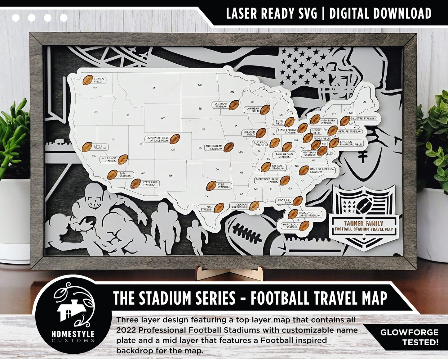 The Stadium Series Football Map - Stadium Tracker - SVG File Download - Sized for Glowforge