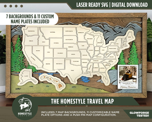 The Homestyle Travel Map -  7 Backgrounds & 11 Customizable Name Plates - SVG File Download - Sized for Glowforge