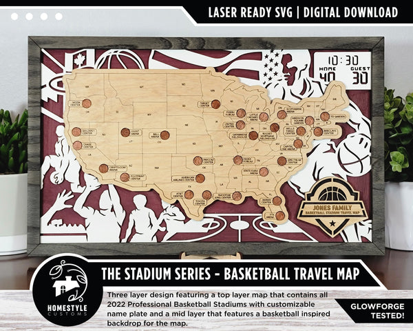 The Stadium Series Basketball Map - Stadium Tracker - SVG File Download - Sized for Glowforge