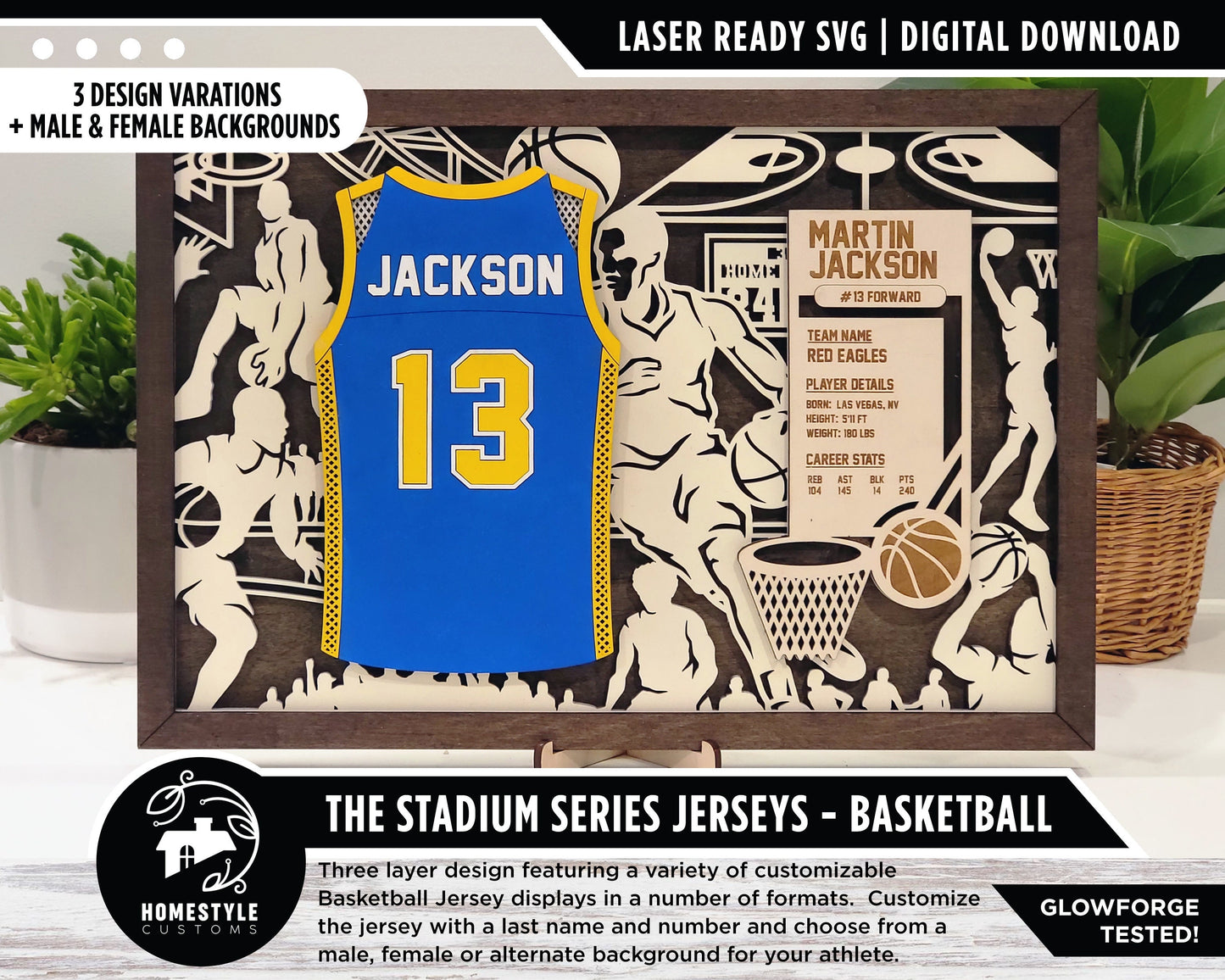 Stadium Series Jerseys - Basketball - 3 Variations - Male, Female & Alternate Backgrounds - SVG File Download - Sized for Glowforge