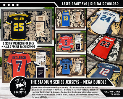 Stadium Series Jersey Mega Bundle - 5 Sports - 3 Variations for Each - Male, Female & Alternate Backgrounds - SVG Files -Sized for Glowforge
