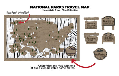 The National Parks Travel Map -  7 Backgrounds & 5 Customizable Name Plates - SVG File Download - Sized for Glowforge
