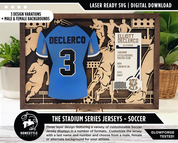 Stadium Series Jerseys - Soccer - 3 Variations - Male, Female & Alternate Backgrounds - SVG File Download - Sized for Glowforge