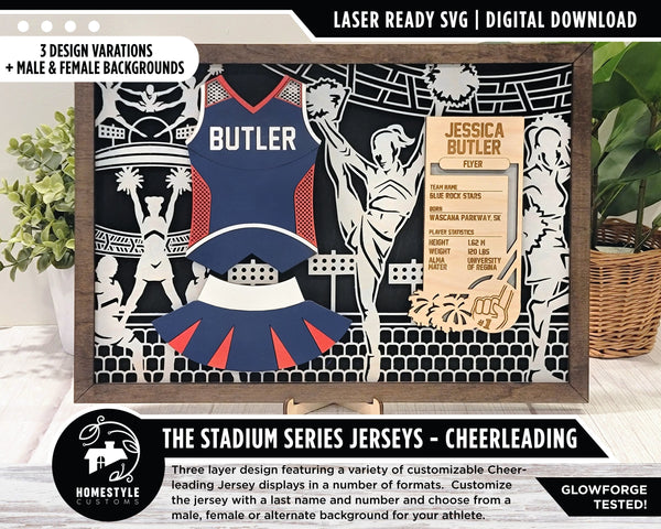 Stadium Series Jerseys - Cheerleading - 3 Variations - Male, Female & Alternate Backgrounds - SVG File Download - Sized for Glowforge