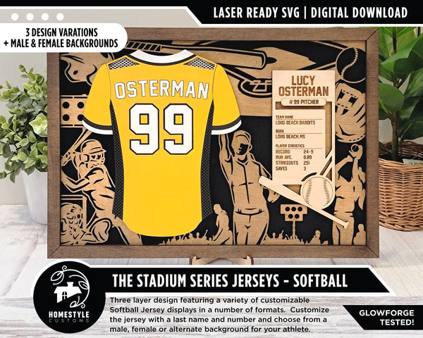 Stadium Series Jerseys - Softball - 3 Variations - Male, Female & Alternate Backgrounds - SVG File Download - Sized for Glowforge