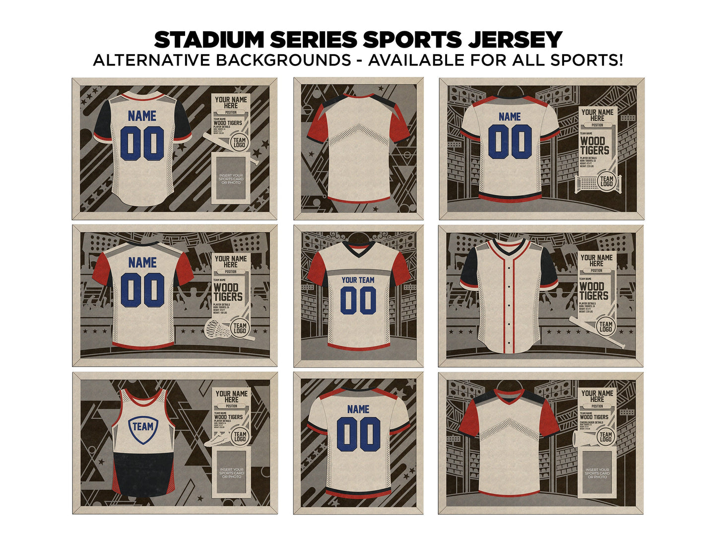 Stadium Series Jersey Expansion Bundle - 5 Sports - 3 Variations for Each - Male, Female & Alt Backgrounds - SVG Files -Sized for Glowforge