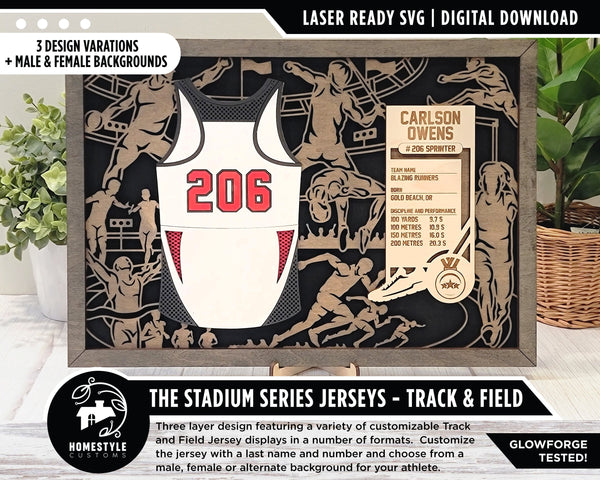 Stadium Series Jerseys - Track and Field - 3 Variations - Male, Female & Alternate Backgrounds - SVG File Download - Sized for Glowforge