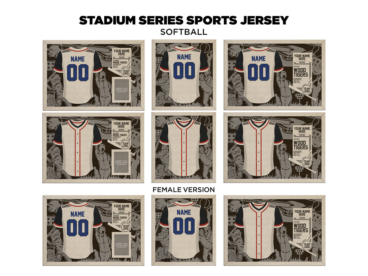 Stadium Series Jersey Expansion Bundle - 5 Sports - 3 Variations for Each - Male, Female & Alt Backgrounds - SVG Files -Sized for Glowforge