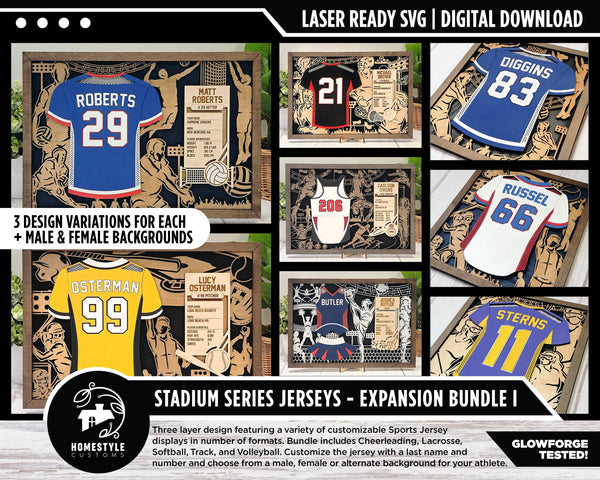 Stadium Series Jersey Expansion Bundle - 5 Sports - 3 Variations for Each - Male, Female & Alt Backgrounds - SVG Files -Sized for Glowforge