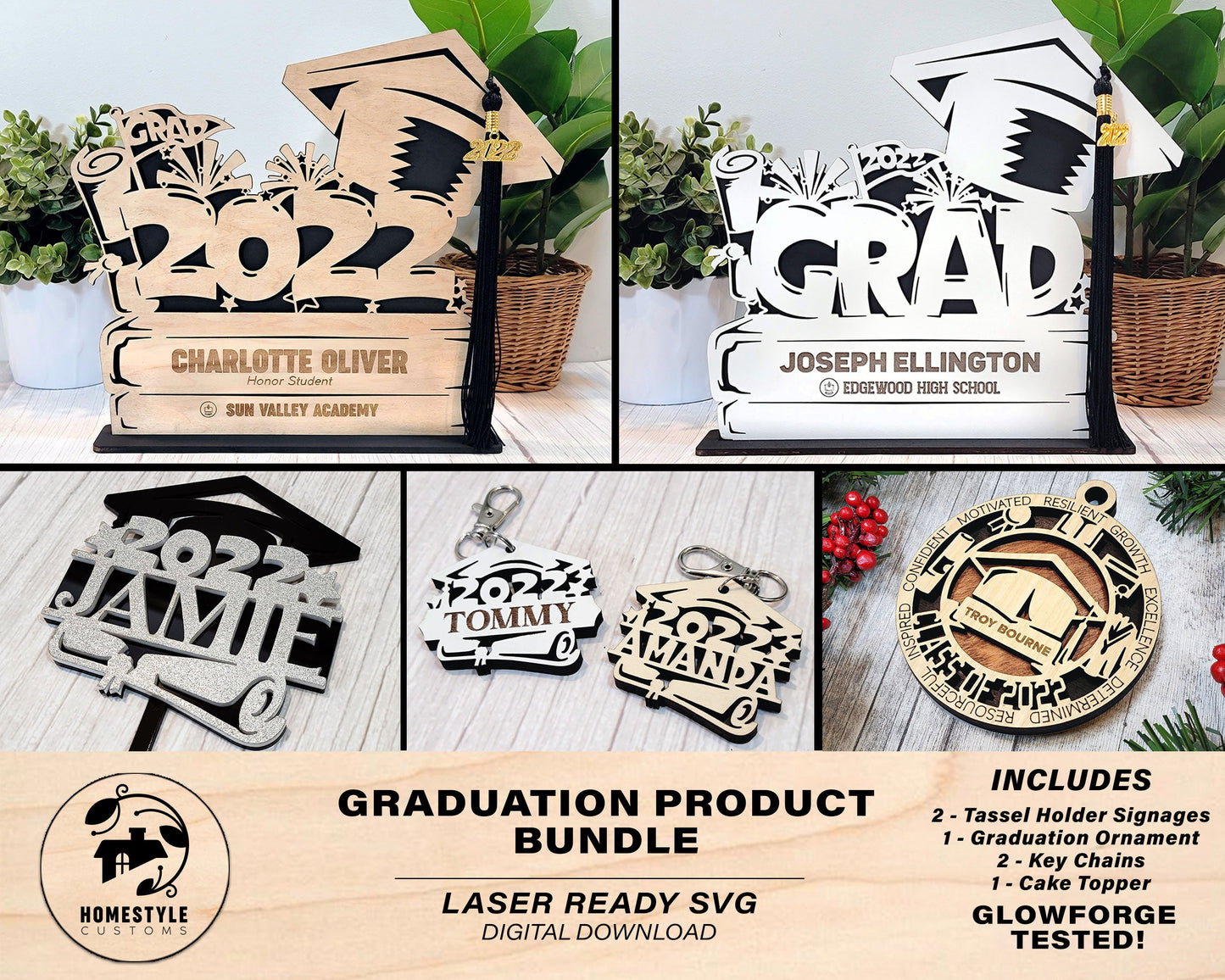 Graduation Product Bundle - Tassel Holder Sign, Ornament, Key Chain, Cake Topper - SVG File Download - Sized & Tested in Glowforge