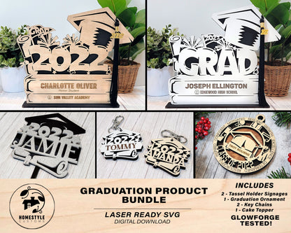 Graduation Product Bundle - Tassel Holder Sign, Ornament, Key Chain, Cake Topper - SVG File Download - Sized & Tested in Glowforge