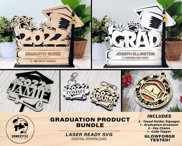 Graduation Product Bundle - Tassel Holder Sign, Ornament, Key Chain, Cake Topper - SVG File Download - Sized & Tested in Glowforge