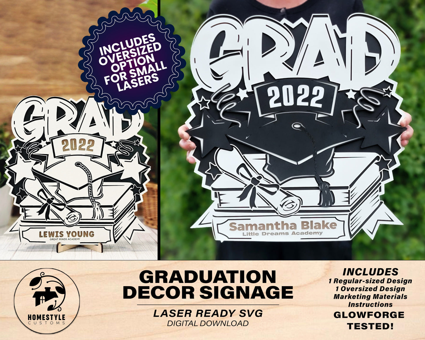 Graduation Decor Signage - Regular and Oversized Version included for Smaller Lasers - SVG File Download - Sized & Tested in Glowforge