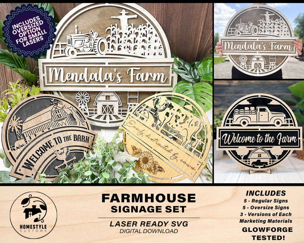 Farmhouse Signage Set - 5 Regular and Oversize Versions Included - SVG File Download - Sized & Tested in Glowforge