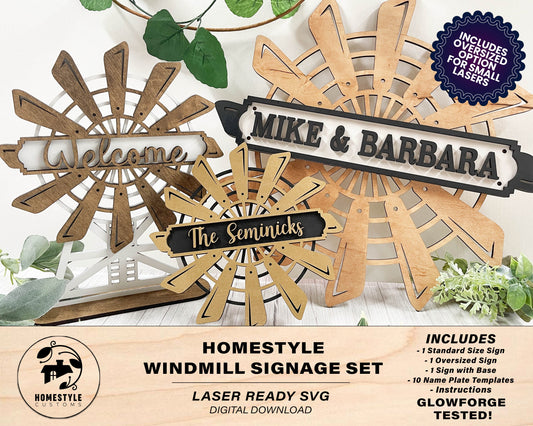 Homestyle Windmill Signage Set - Regular, Oversize, stand version and nameplates included - SVG File Download - Sized & Tested in Glowforge