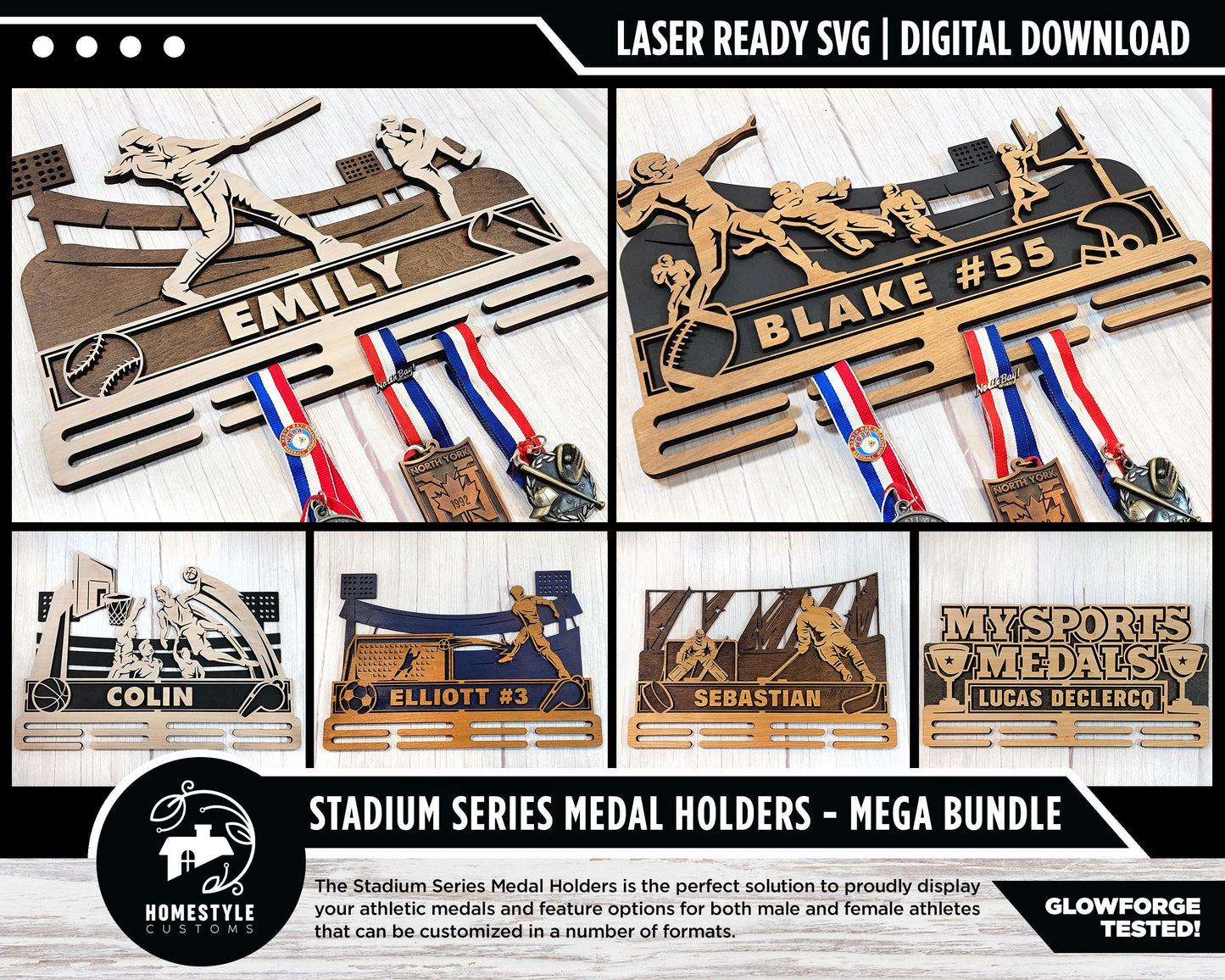 Stadium Series Medal Holders - 5 Sports and 1 Universal Holder - Male and Female Versions Included - SVG Files - Sized for Glowforge