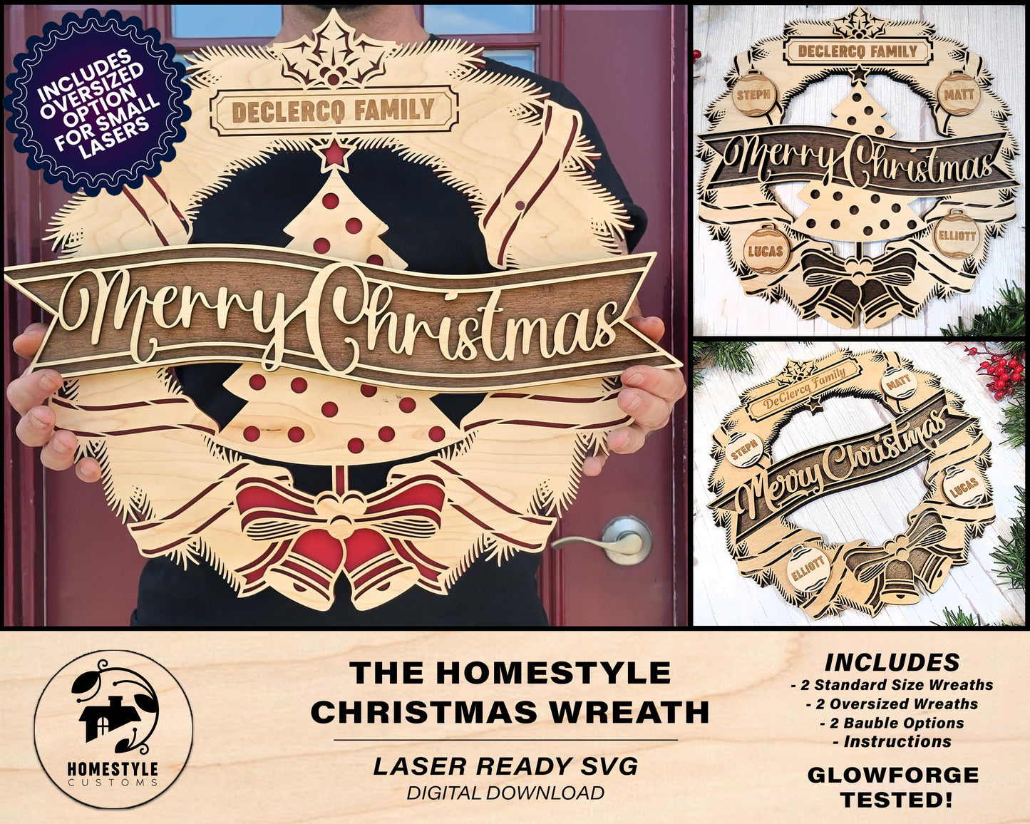 The Homestyle Christmas Wreath - Regular and Oversize versions included - SVG File Download - Sized & Tested in Glowforge