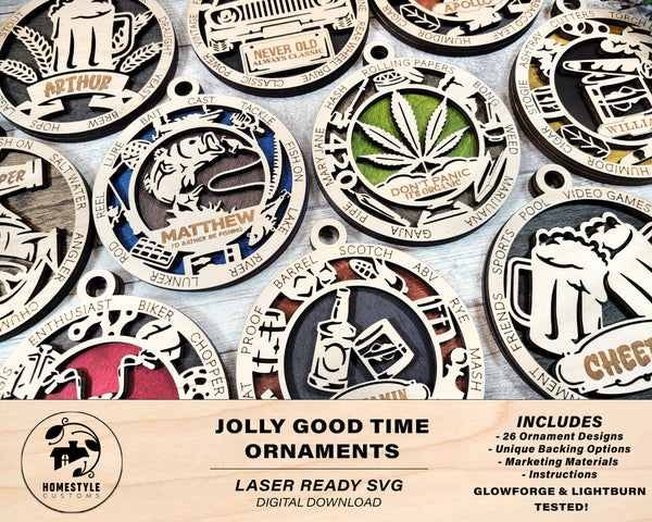 Jolly Good Time Ornaments - 26 Unique designs - SVG, PDF, AI File Download - Sized for Glowforge