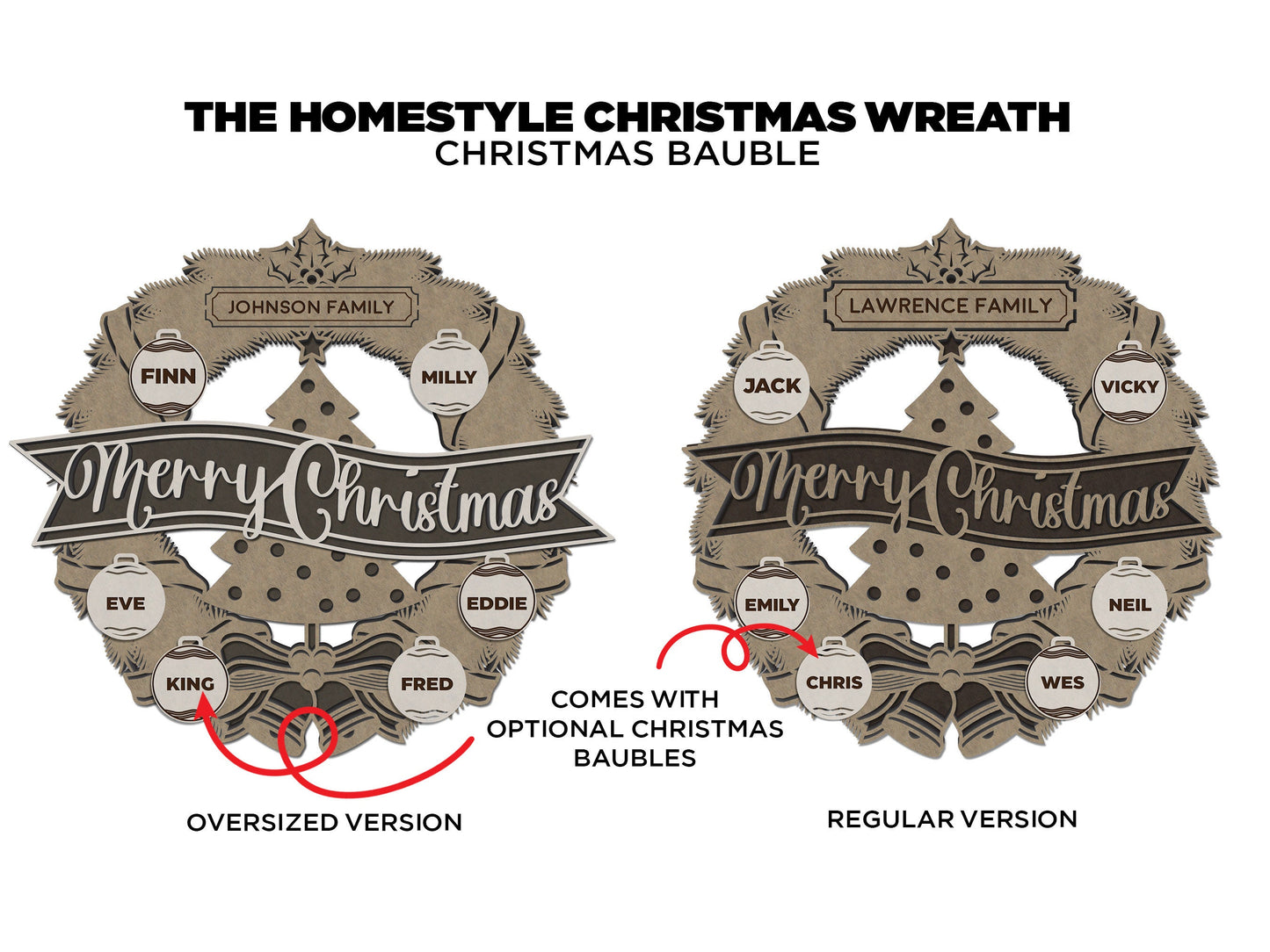 The Homestyle Christmas Wreath - Regular and Oversize versions included - SVG File Download - Sized & Tested in Glowforge