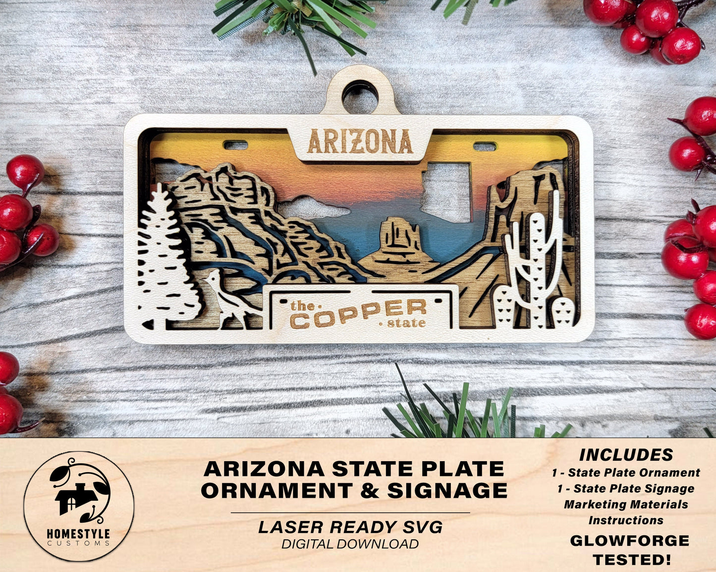 Arizona State Plate Ornament and Signage - SVG File Download - Sized for Glowforge - Laser Ready Digital Files