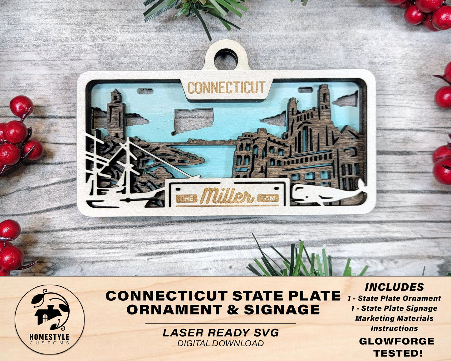 Connecticut State Plate Ornament and Signage - SVG File Download - Sized for Glowforge - Laser Ready Digital Files