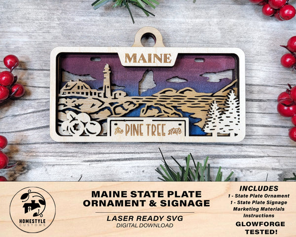 Maine State Plate Ornament and Signage - SVG File Download - Sized for Glowforge - Laser Ready Digital Files
