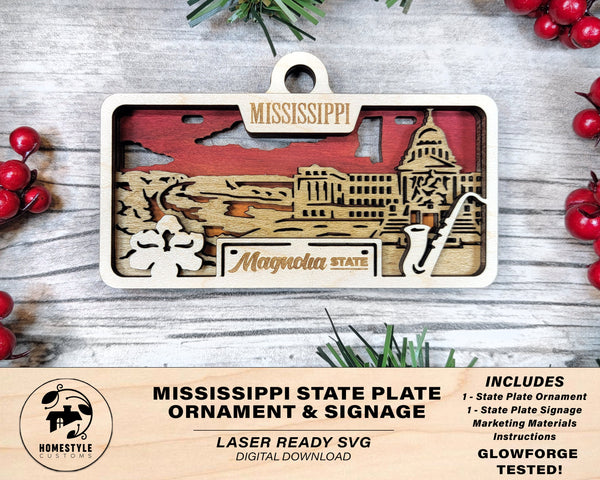 Mississippi State Plate Ornament and Signage - SVG File Download - Sized for Glowforge - Laser Ready Digital Files