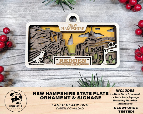New Hampshire State Plate Ornament and Signage - SVG File Download - Sized for Glowforge - Laser Ready Digital Files