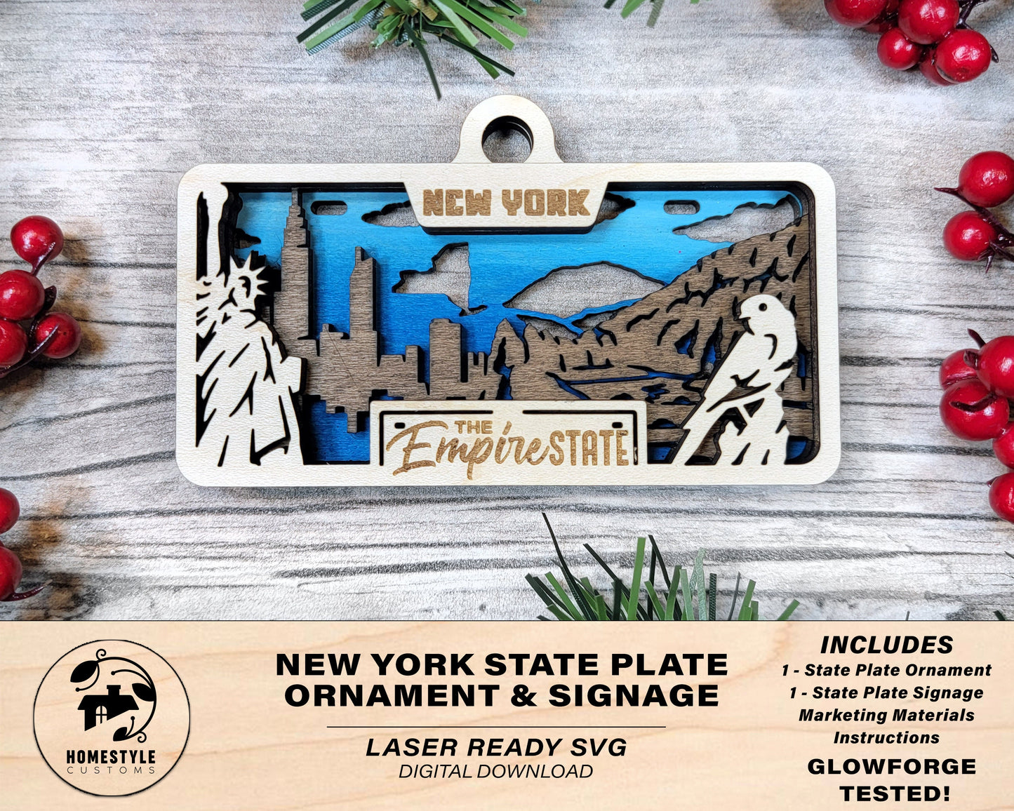 New York State Plate Ornament and Signage - SVG File Download - Sized for Glowforge - Laser Ready Digital Files
