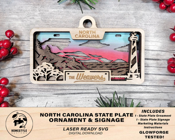 North Carolina State Plate Ornament and Signage - SVG File Download - Sized for Glowforge - Laser Ready Digital Files