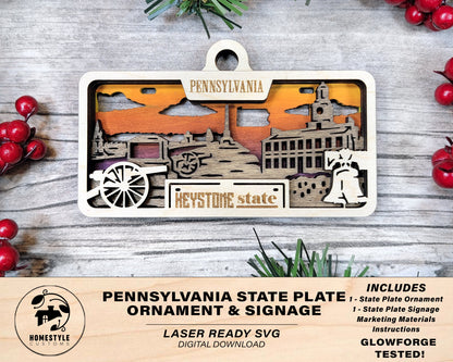 Pennsylvania State Plate Ornament and Signage - SVG File Download - Sized for Glowforge - Laser Ready Digital Files