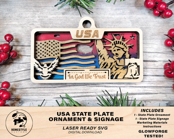 USA State Plate Ornament and Signage - SVG File Download - Sized for Glowforge - Laser Ready Digital Files