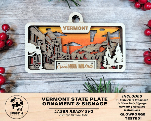 Vermont State Plate Ornament and Signage - SVG File Download - Sized for Glowforge - Laser Ready Digital Files