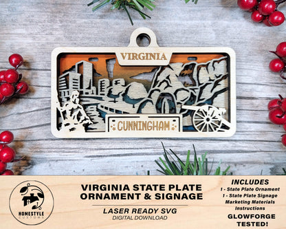 Virginia State Plate Ornament and Signage - SVG File Download - Sized for Glowforge - Laser Ready Digital Files